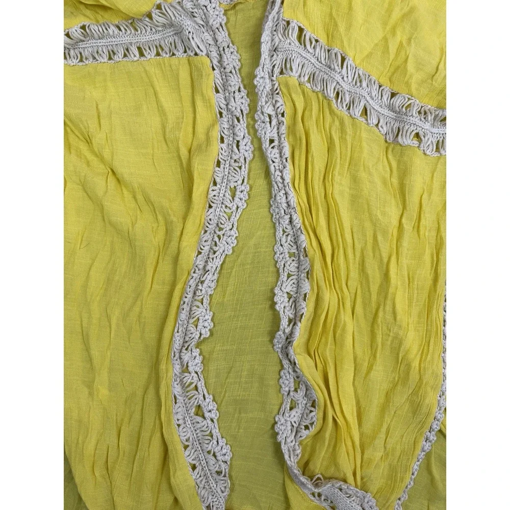 Free People Yellow Crochet Trim Open Front Kimono Cardigan Boho Cover Up OS